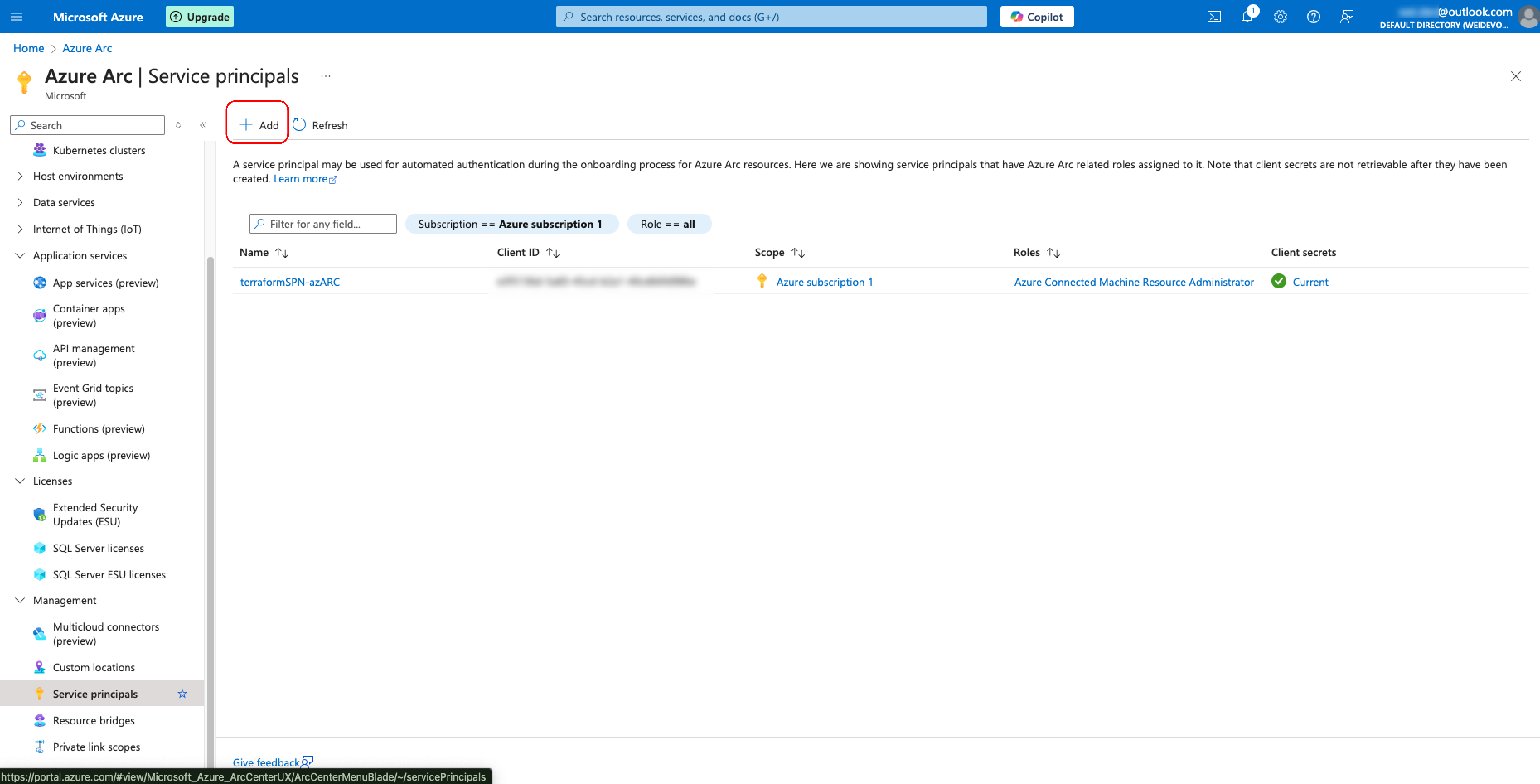 Service Principle page on azure portal